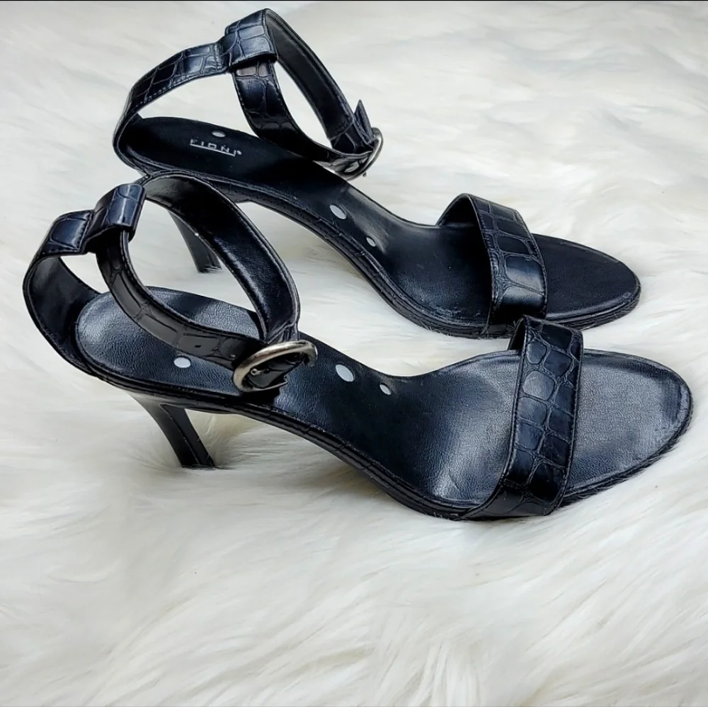 Fioni Strappy Black Leather Crocodile Alligator Print High Heels
